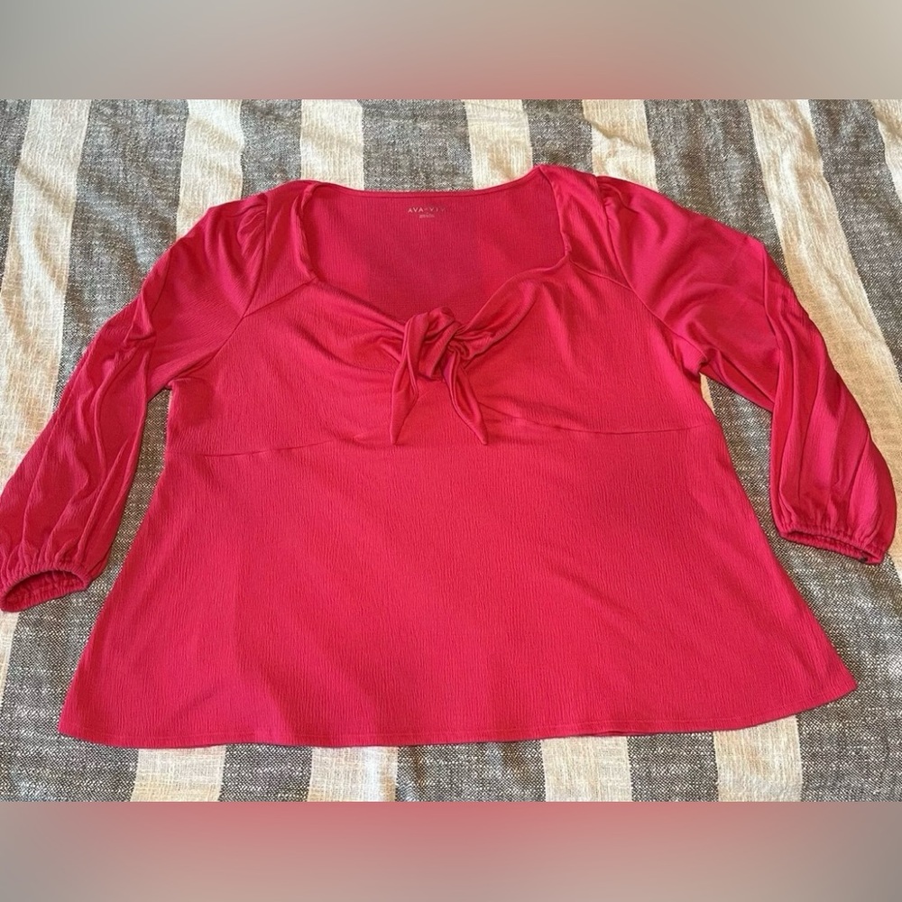 🩷EUC Ava & Viv Bright Pink Pullover Top SZ 4X Tie/Chest Balloon Long Sleeves🩷